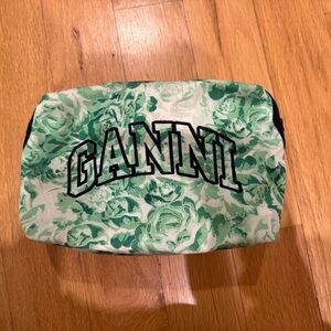 Ganni Green and White floral nylon cosmetic makeup toiletry case